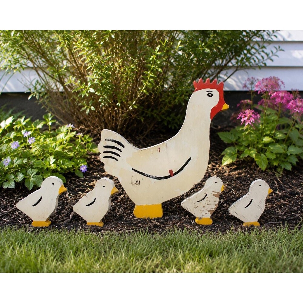 Vintage set of 5 Wooden Hen & Chicks Garden Stakes Hand Painted Farmhouse Decor